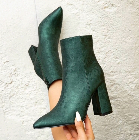 Print Side Zipper High Heel Short Boots For Women,Pointed Toe Chunky Heel Boots - Picture 2 of 6